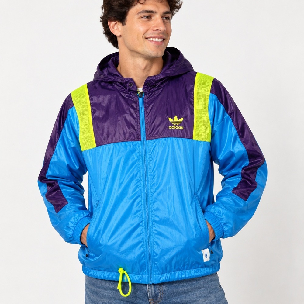 Adidas Originals Colorblock Windbreaker Jacket Purple Blue Neon Yellow Mens M